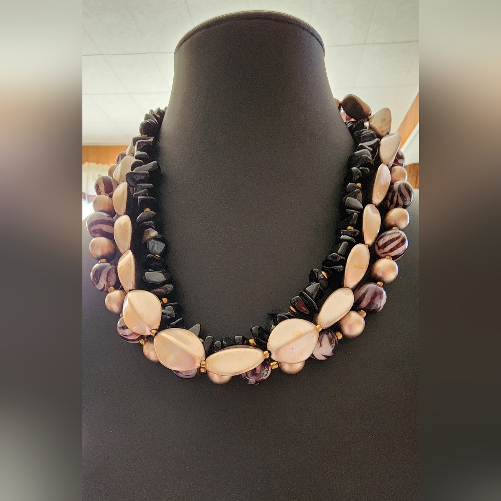 STUNNING Multi-Strand Statement Necklace with Black Chips, Marbled Purple Beads